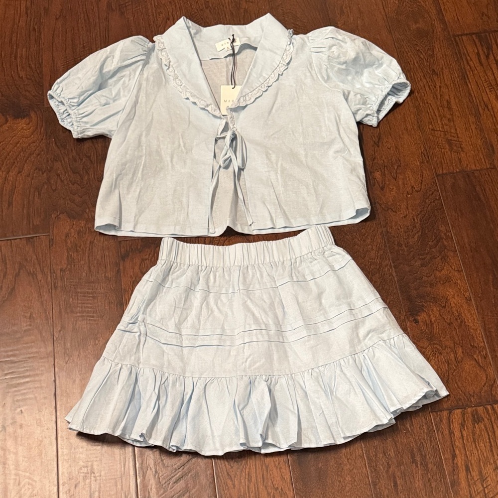 Mable Quinby Lace Collar Blouse and Skirt Set Light Blue - Picture 5 of 8